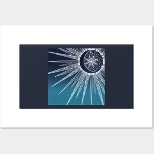 White Sun Moon Mandala Blue Gradient Design Posters and Art